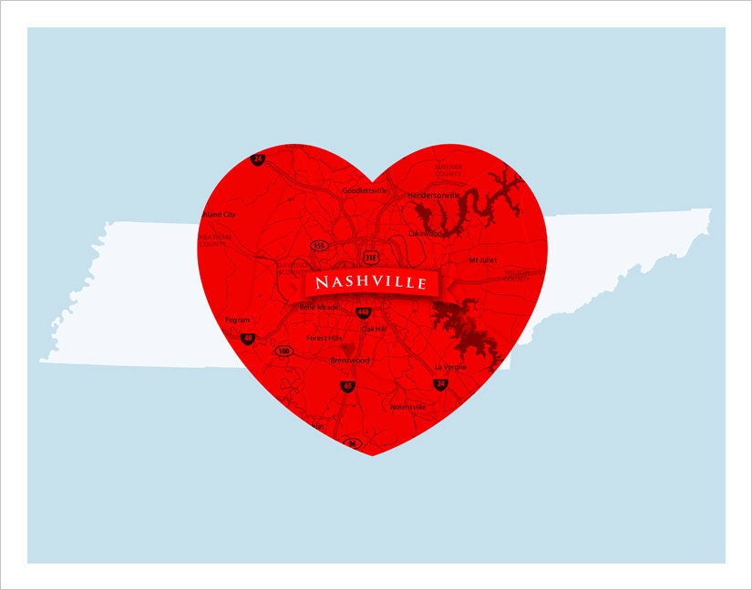 Nashville Tennessee Heart - City Love - 11x14 print