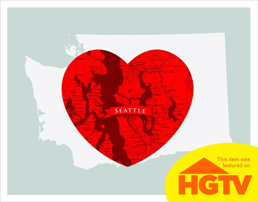 Seattle - Map Heart - 11x14 print - I Love Seattle - featured on HGTVs 'Design on a Dime'