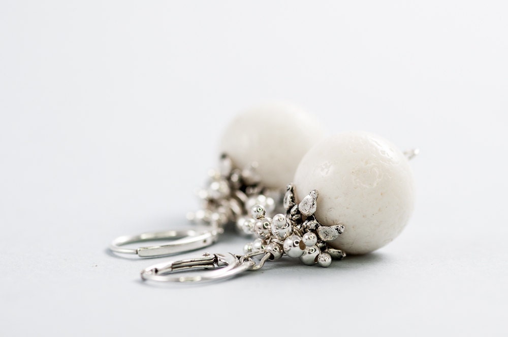 SUMMER SALE - White Coral Bridal Earrings Beaded Short Wedding Earrings Wedding Jewelry Mother Day Gift