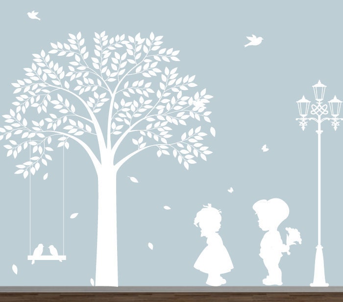 Nursery wall decal - Tree silhouettes with boy & girl - Childrens Wall Decal - wall decal
