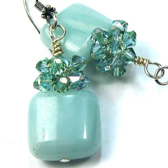 Seafoam Earrings Amazonite and Chrysolite Swarovski Crystal Confetti