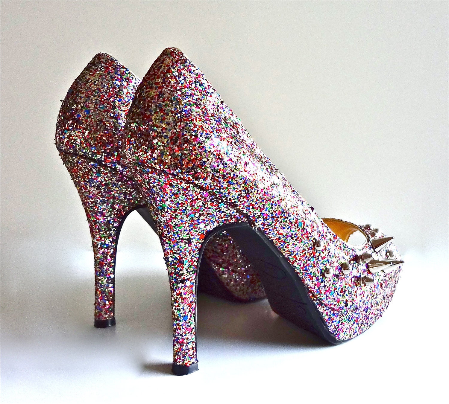 Mixed Spike Peep-Toe Heels- Rainbow Glitter