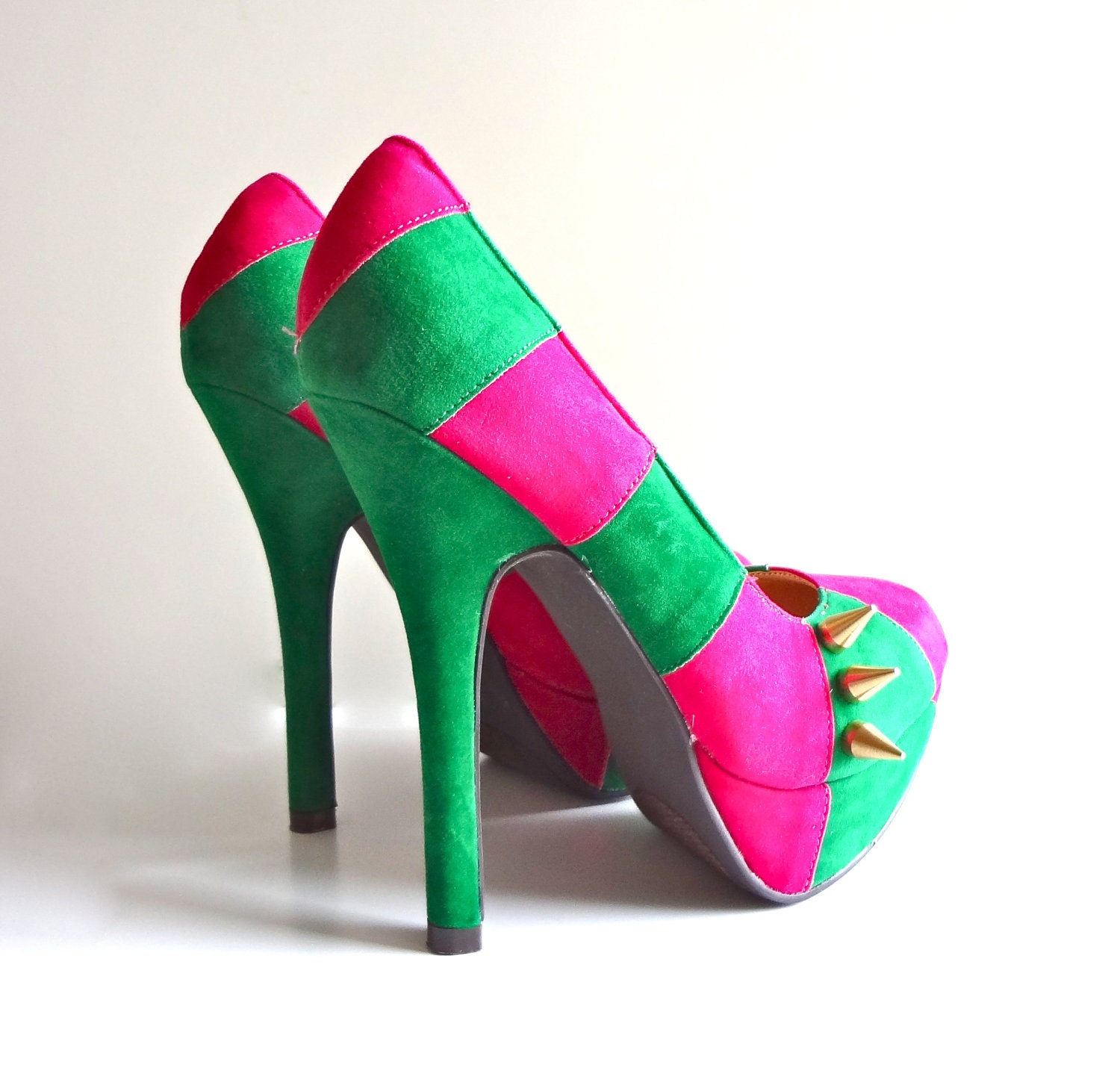 Gold Spiked Suede Pumps- Pink and Green Stripes