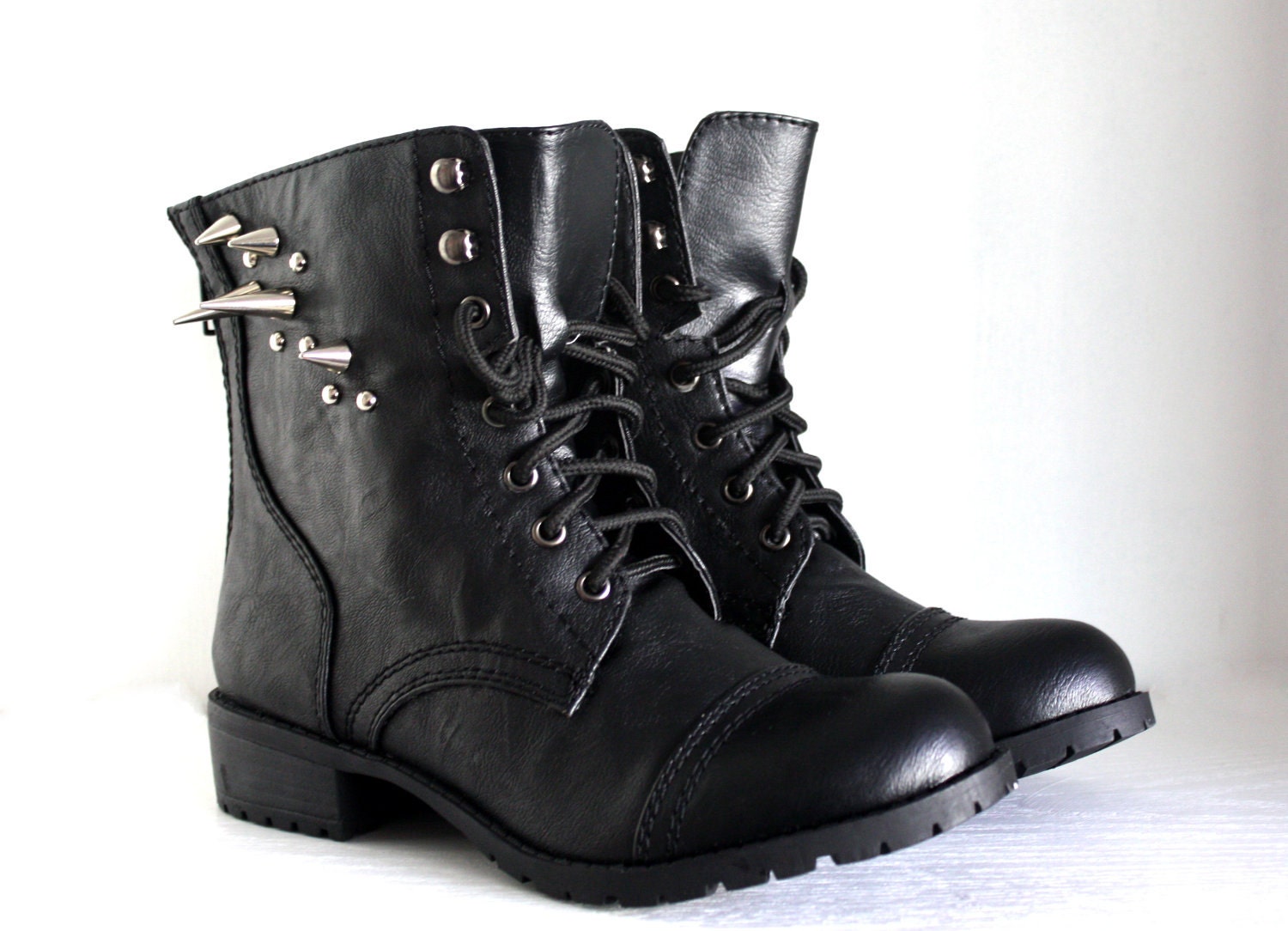 Studded Faux Leather Combat Boots- Black