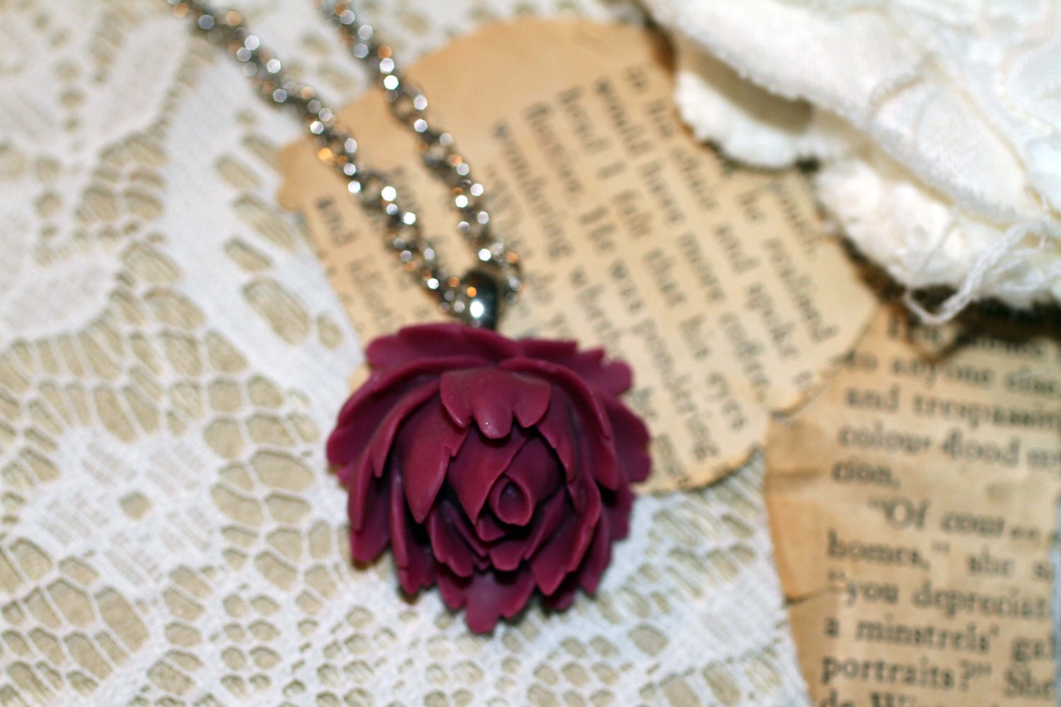 Sugar Plum Princess Rose Flower Cabochon Silver Necklace