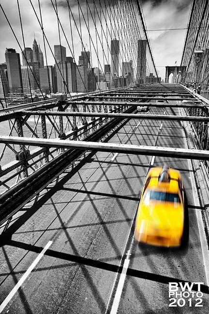 SALE 50% OFF NYC Taxi, 20x30 Aluminum Photo Print, New York, City, Cityscape, Brooklyn Bridge, Selective Color, Urban, Yellow, Black, White