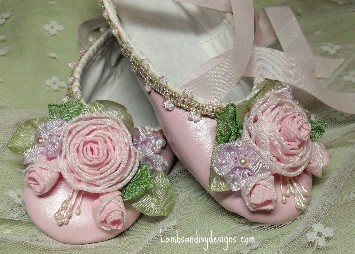 Bride's Princess Ballerina Shoes Roses Ribbon Work Flower Girl Wedding