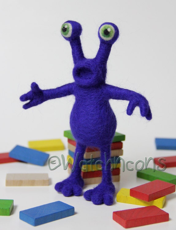 Needle Felted Wool Purple Martian Alien Space Creature Monster Green Eyes Bendable OOAK
