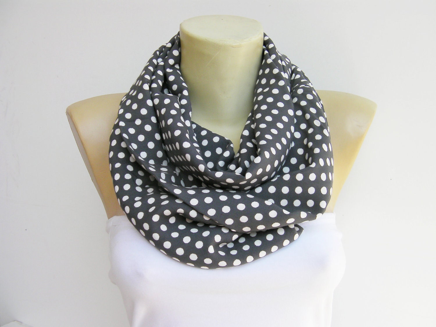 Polka -dot  infinity scarf/loop scarf -in grey - SenaShop