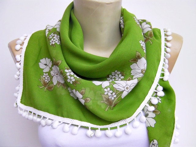 Green turkish yemeni scarf with ponpontreem/ bandana /necklace/lace scarf/cotton scarf