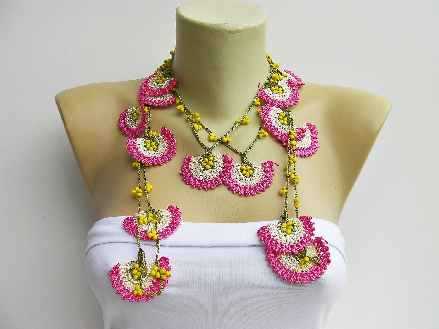 Strand necklace -Crochet bead work necklace jewelry/crochet pendant / crochet necklace/ with beads
