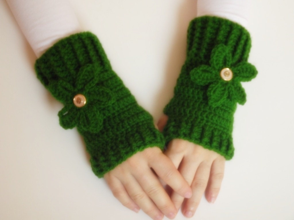 SALE ready to ship Hand Crochet Fingerless Gloves mittens green with metalic buttons