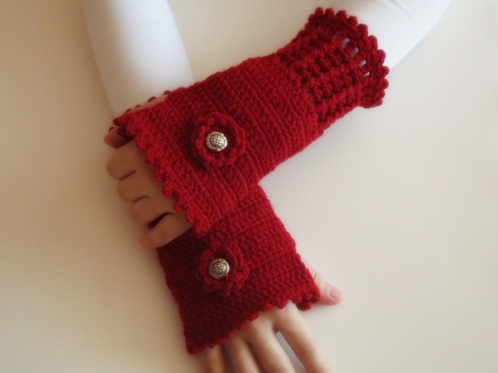 ready to ship Hand Crochet Fingerless Gloves mittens red