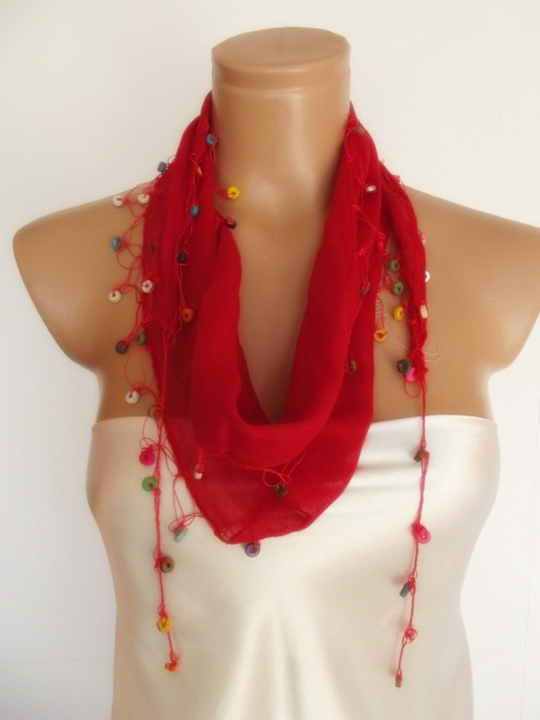 valentines day Special Design- red cotton scarf with beaded lace