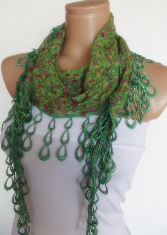 2012 summer fashion cotton scarf with lace new design green floral