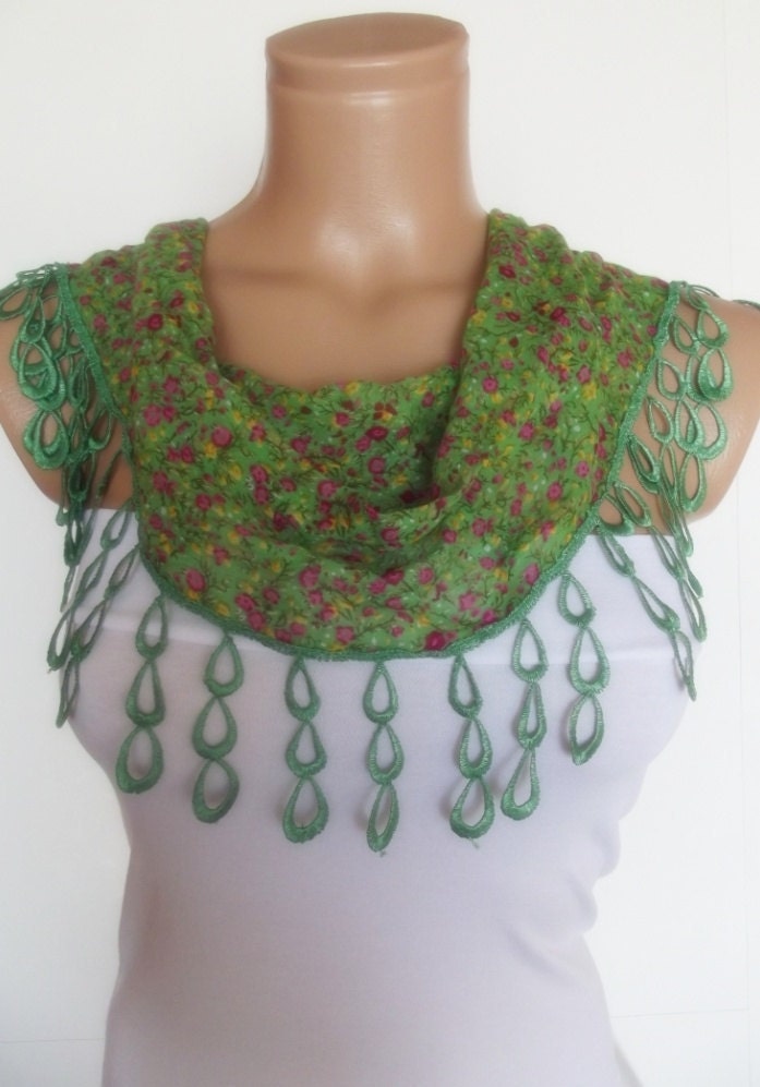 2012 summer fashion cotton scarf with lace new design green floral