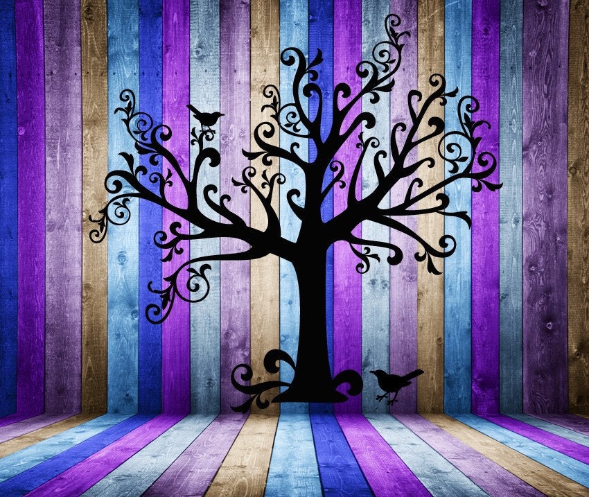Large, Whimsical Tree Silhouette with 2 Birds - Vinyl Decal, Wall Art, Sticker - Interior Design, Vintage, Retro, Cool