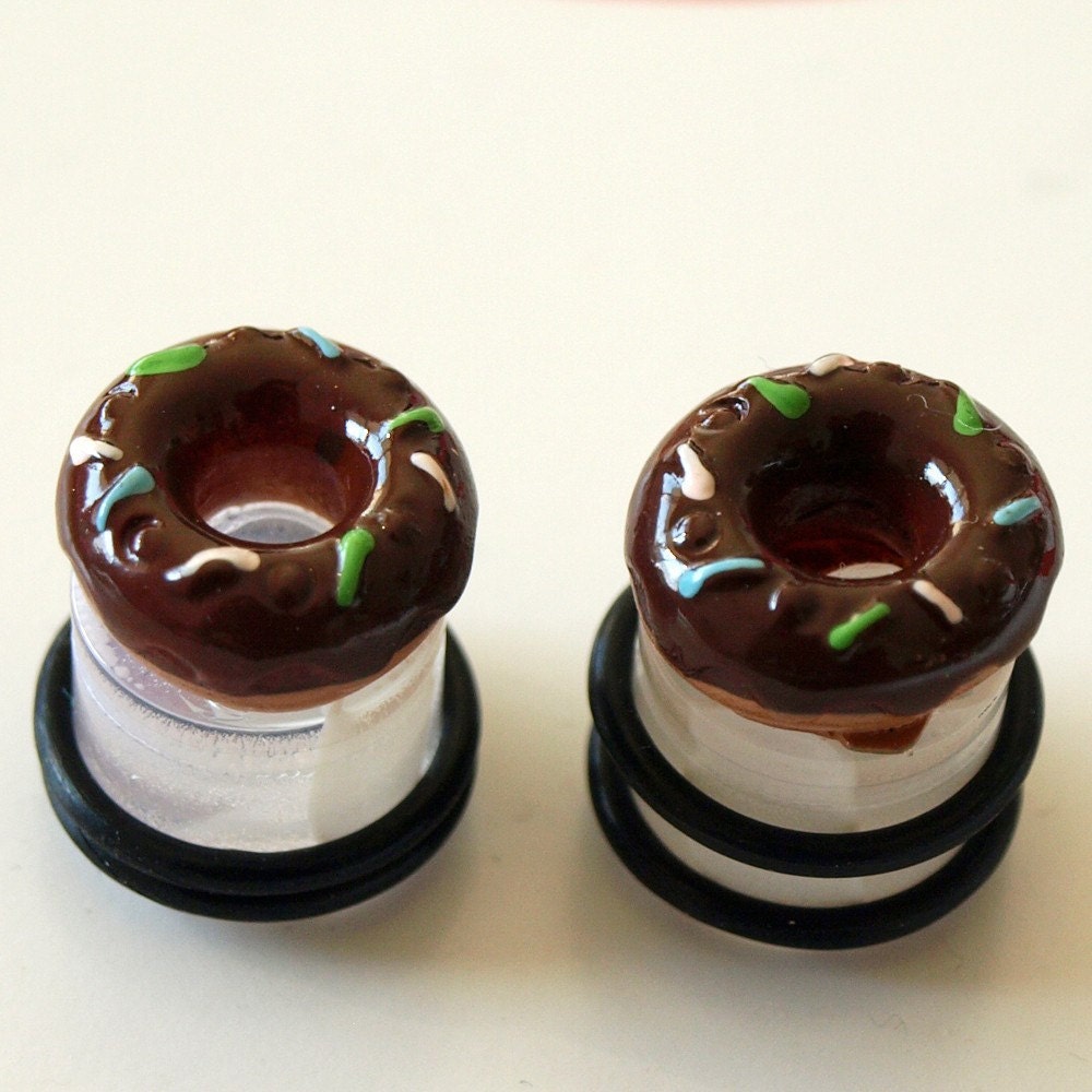 1/2 inch 12mm Plugs Chocolate Doughnut Donut piercing gauge streched lobes body art sweets dessert chic fun funky street fashion neon