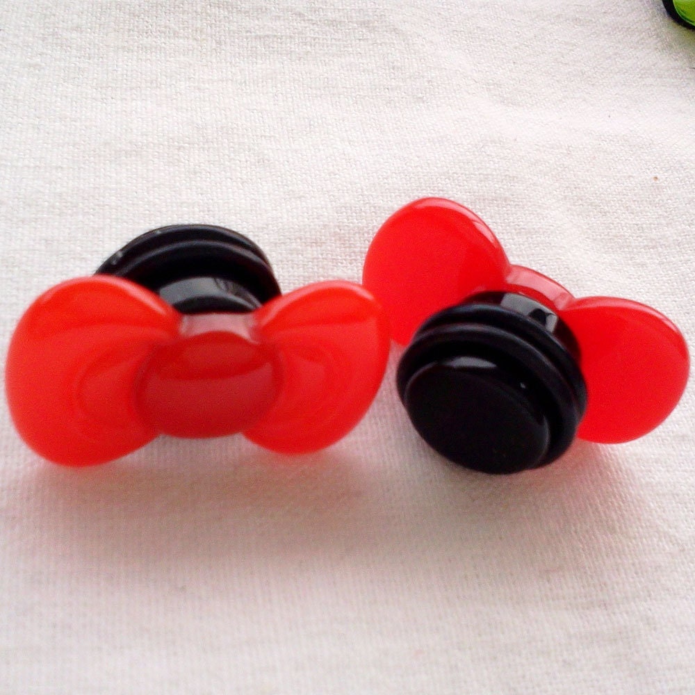 1/2 inch 13mm Red Kitty Bow Plugs Gauges kawaii sweet Geek Chic 80s kitsch cool neon Nerd