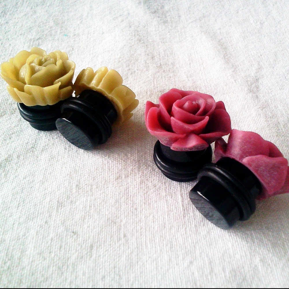 1/2 inch 13mm Plugs Set Maroon Red Rose Mustard Yellow Flower for stretched ears chic fun fashion kawaii Decora body piercings Gyaru