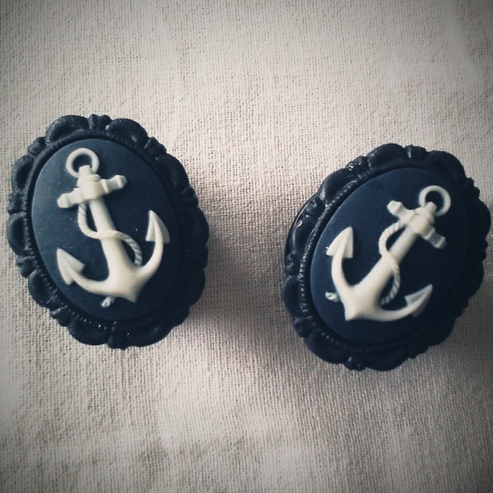 7/8 inch 22mm Plugs Anchor Cameo Nautical Navy Blue Rockabilly Chic cool Glam