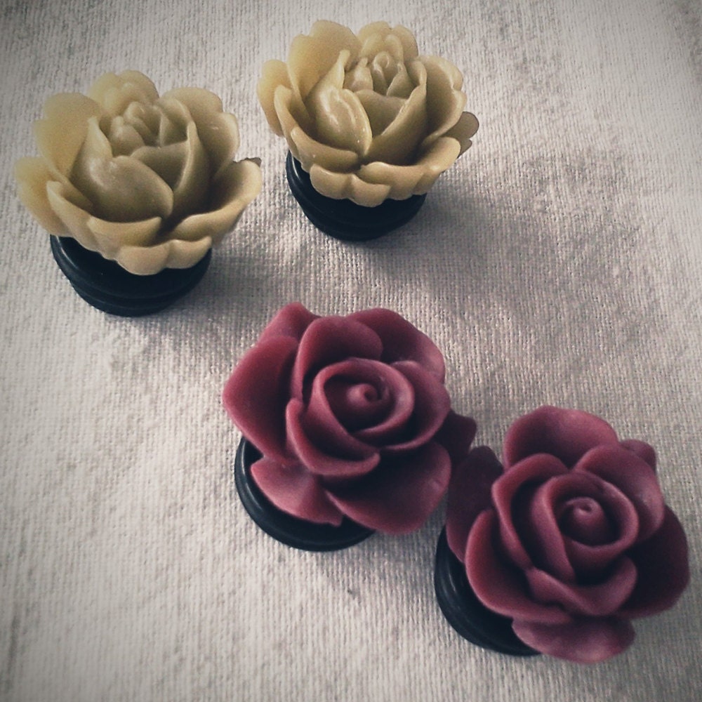 1/2 inch 13mm Plugs Set Maroon Red Rose Mustard Yellow Flower for stretched ears chic fun fashion kawaii Decora body piercings Gyaru