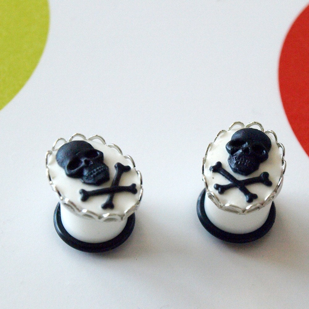 1/2 inch 12mm Plugs Jolly Roger Gothic Cameo Rococo Victorian Mourning Macabre Pirate Horror Corporate Goth Dark