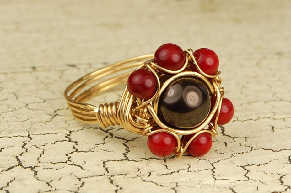 Wire Wrapped Ring - Chocolate Swarovski Pearl and Coral Flower Gold Tone Ring - Any Size - Size 4, 5, 6, 7, 8, 9, 10, 11, 12, 13, 14