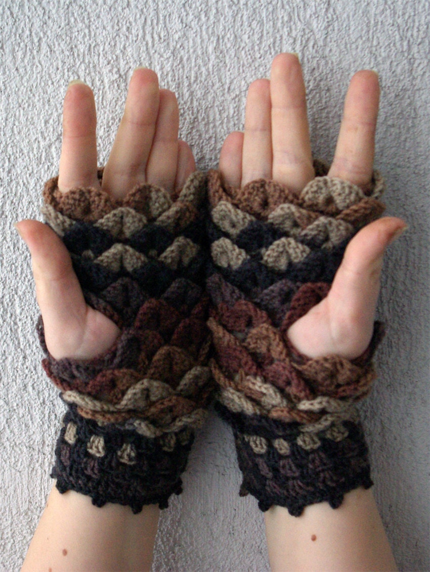 Crocheted crocodile stitch mittens fingerless gloves - beige, brown. Spring Accessories.