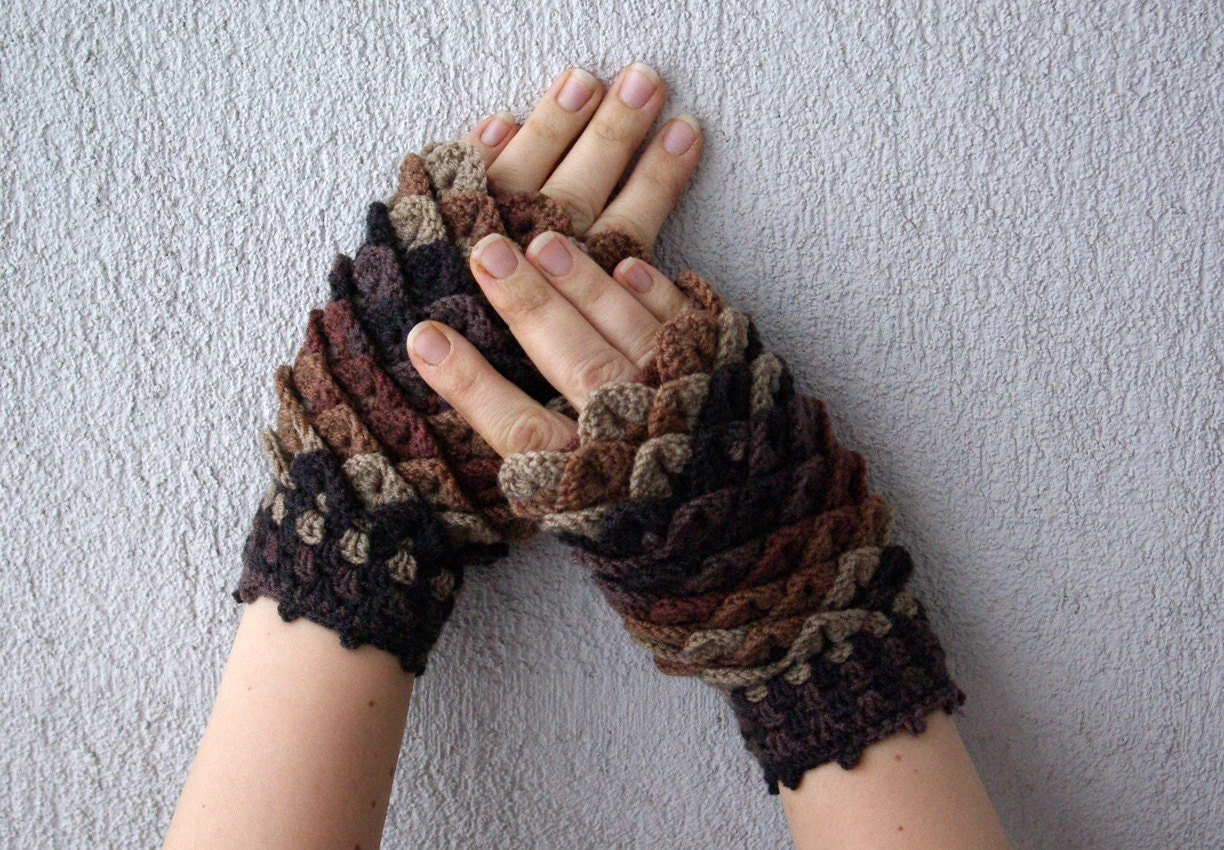 Crocheted crocodile stitch mittens fingerless gloves - beige, brown. Spring Accessories.