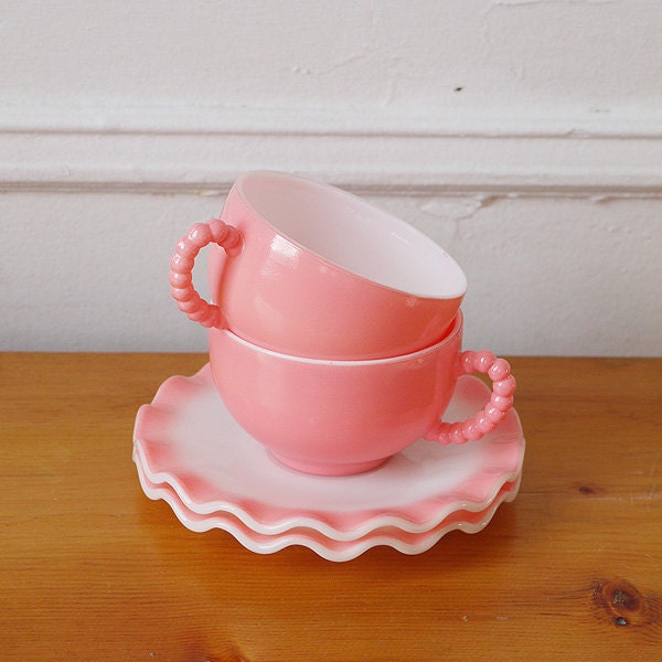 Adorable 50s Pink Milk Glass Tea Cup Set by TroveNYC on Etsy