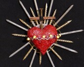 Sacred Heart Sculpture Found Object Assemblage with Miracle Beads, Chain, and Three Types of Nails One of a Kind 1