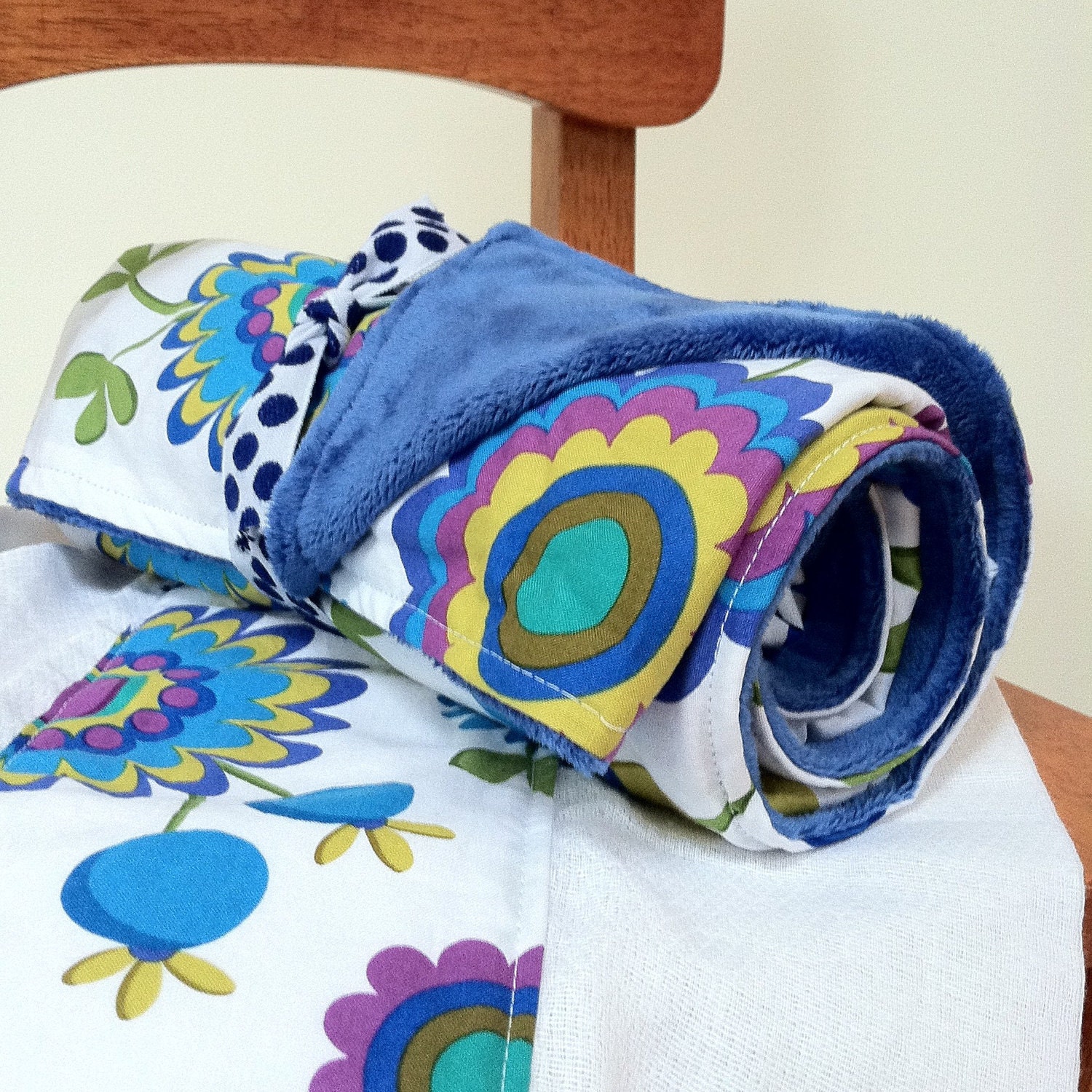 Gift Set-Baby Girl Luxury Minky Blanket and Burp Cloth in Blue Flowers