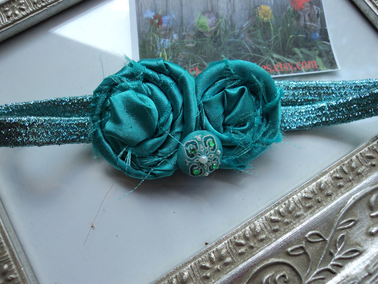 Gorgeous Posh Couture Aqua Candy gem Holiday rosetti flower  Headband Baby & girls photograpy prop Bow Rosette