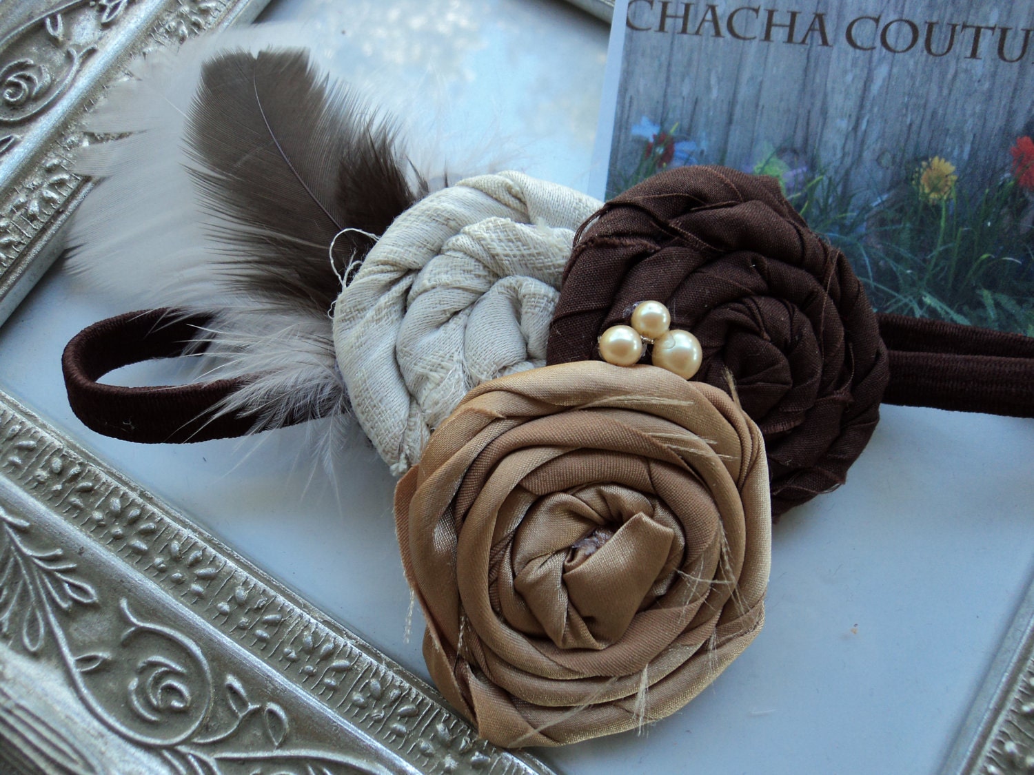 Gorgeous Couture Leopard Cheetah brown gold cream feather pearl rosette flower feather Headband Baby & girls photograpy prop Bow Rosette