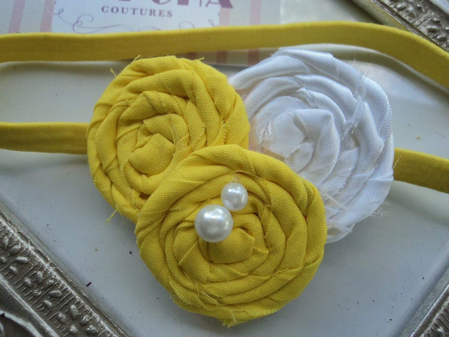 Posh Couture Yellow Lemon Drop white yellow rosette Headband Baby & girls photograpy prop Bow Rosette
