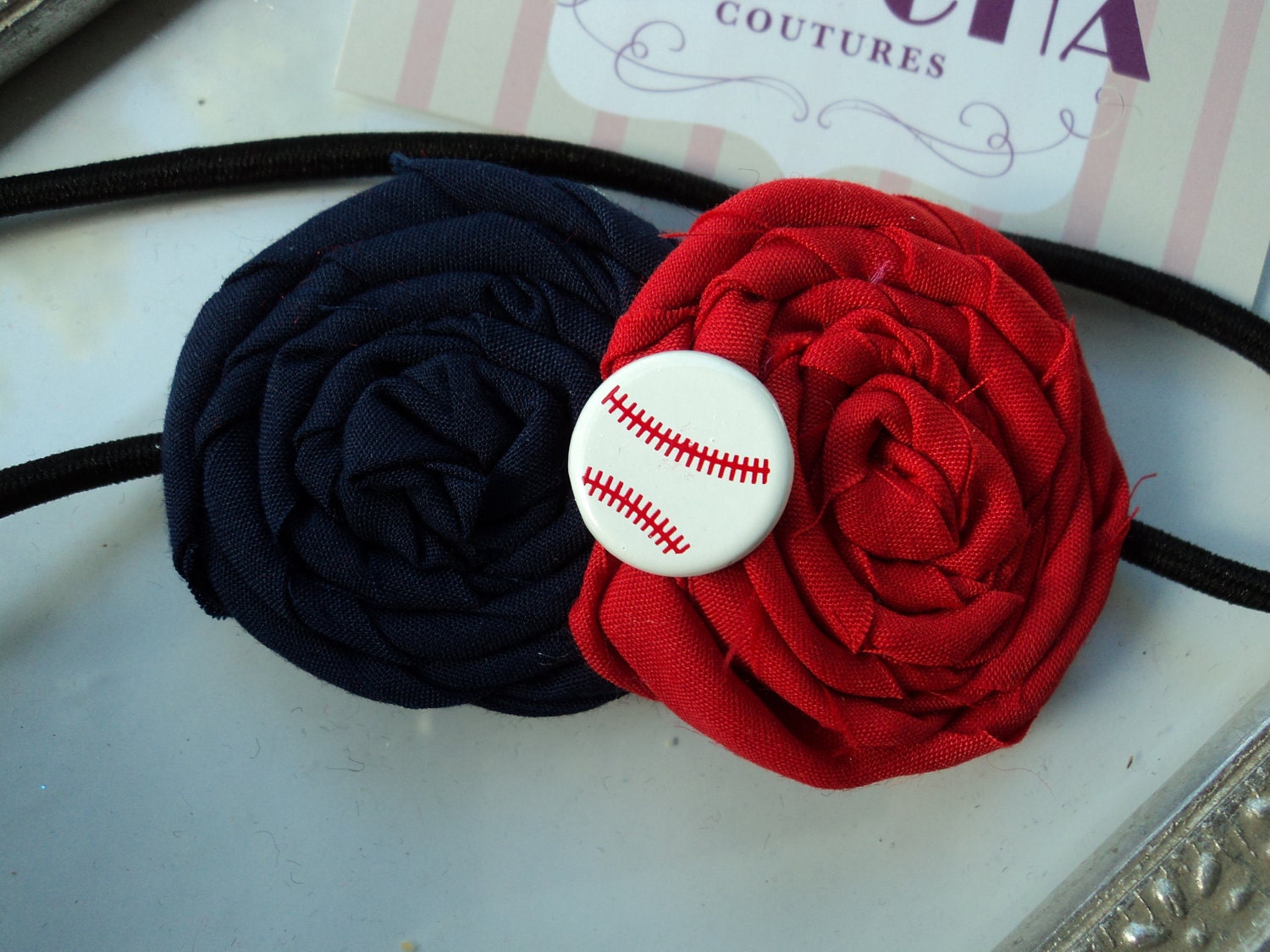 Gorgeous Posh Take Me out to the Ball game Baseball Red Navy rosetti flower Headband Baby & girls photograpy prop Bow Rosette