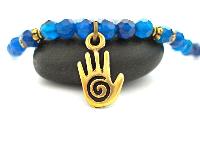 Spiral Hand Charm Bracelet, Cobalt Agate and Gold Yoga Bracelet, Blue Beaded Bracelet