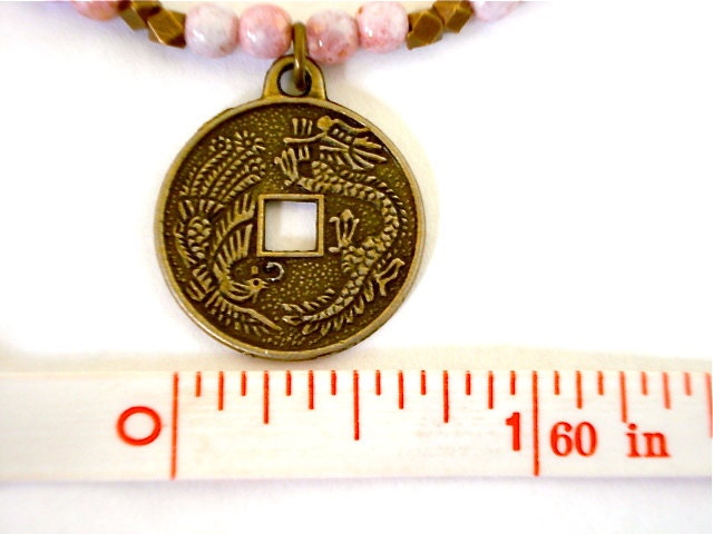 Chinese Coin Bracelet, Pink Czech Glass and Brass Charm Yoga Bracelet