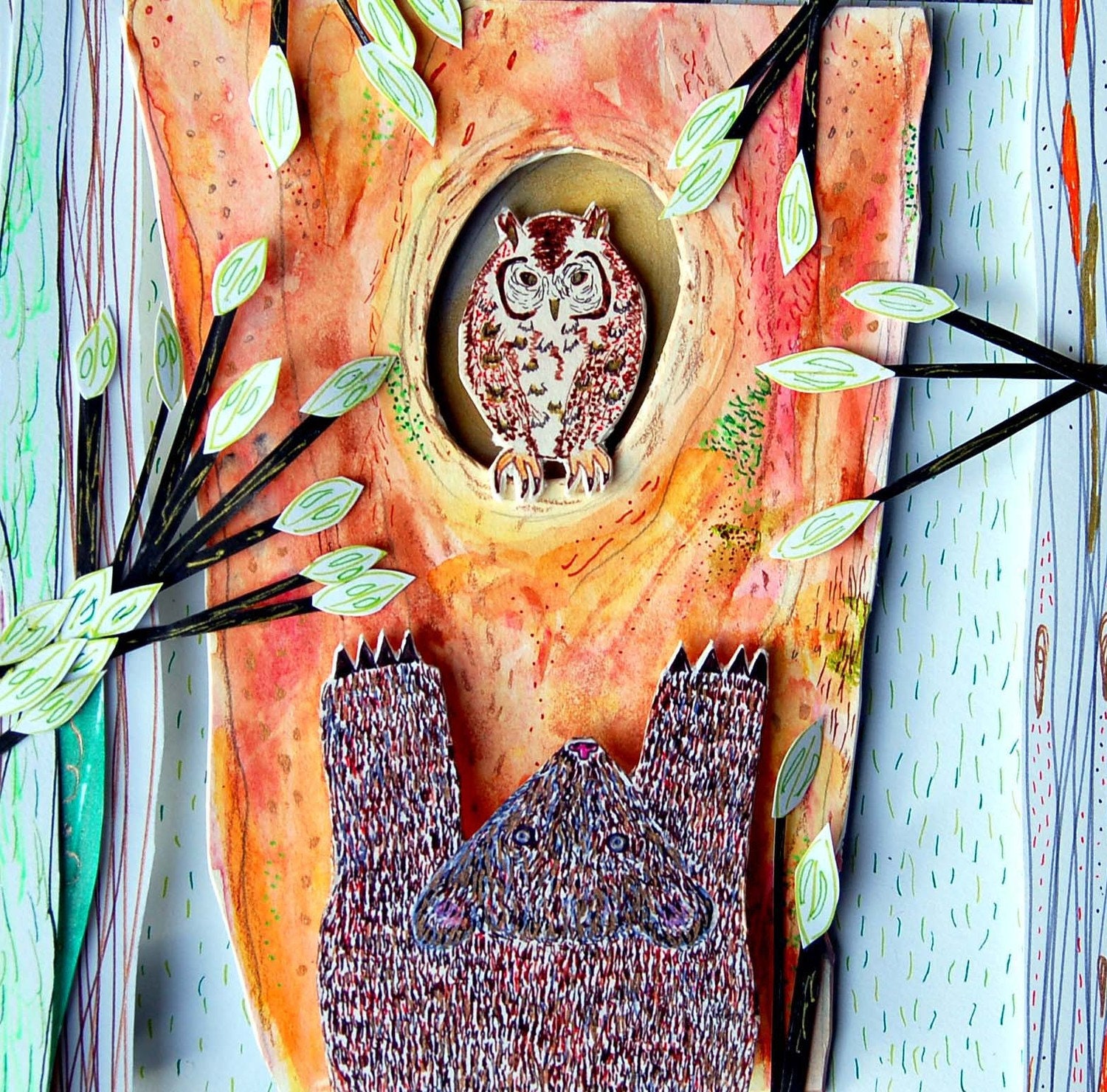 High In The Trees, collage, assemblage. owl, bear.