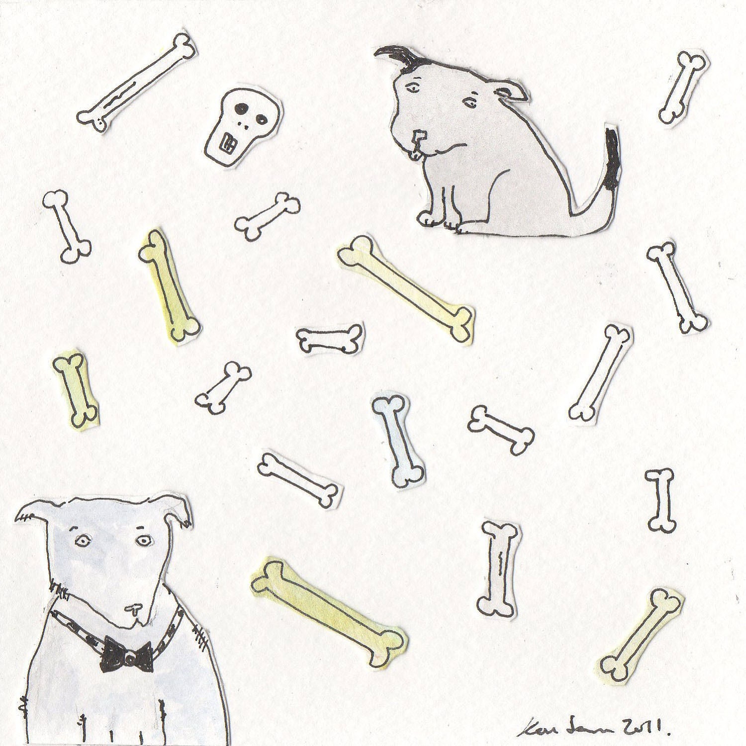 dogs and bones illustration, ink drawing, collage