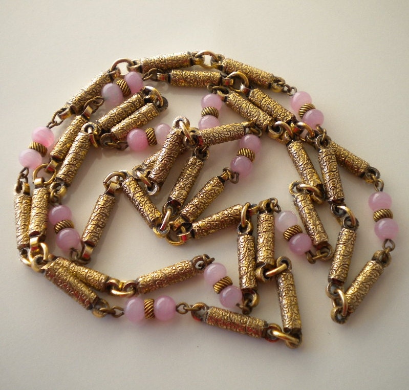 Vintage Czech Necklace 1930's Gold Gilt and Pink Satin Glass