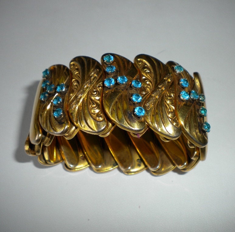 Reserved for Sherry 1940's Gold and Aqua Expansion Bracelet Bugbee & Niles