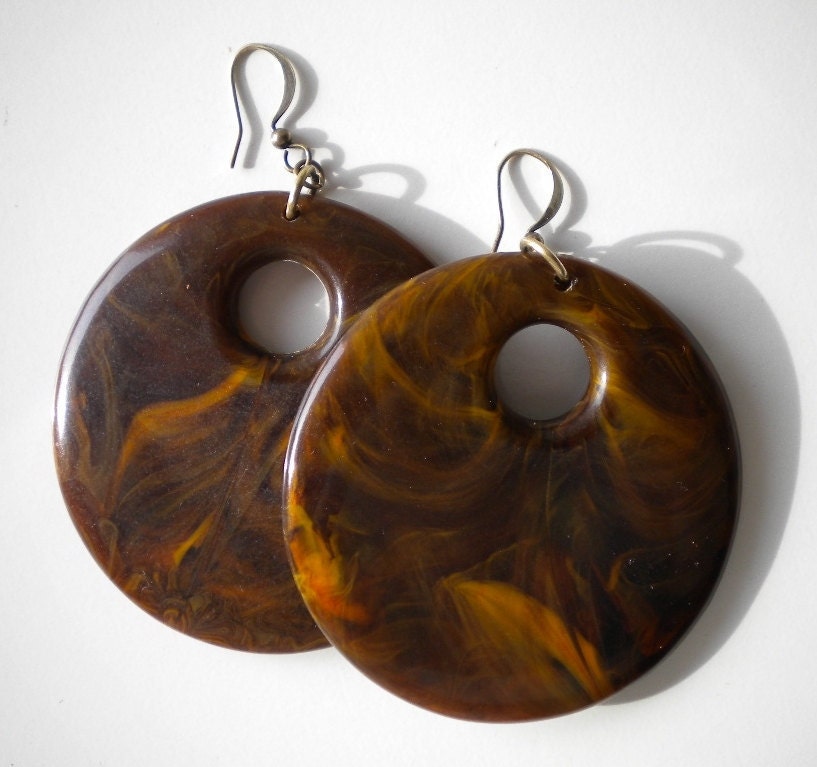Vintage 40's Bakelite Earrings Brown Door Knocker Pierced Earrings CIJ Sale