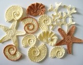 Crochet Sea Motifs, Set  of 12- Sea Shells, Sea Stars, Coral Branch, MADE TO ORDER