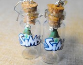 The Sims plumbob inspired earrings- your choice of label- miniature bottle with a hanging sims diamond inside