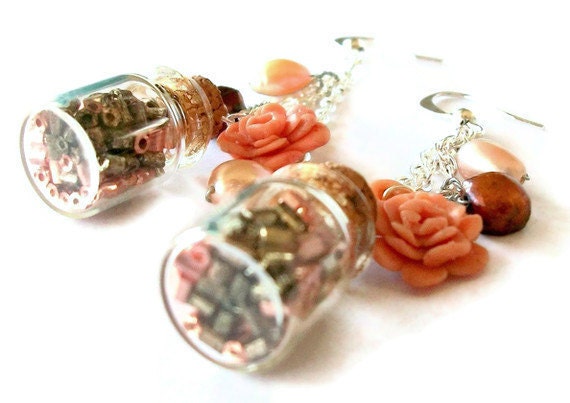 Casual but elegant earrings- Mini glass bottles filled with brown and pink beads, decorated with a pink rose and pearls