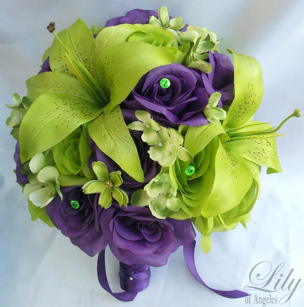 17pcs Wedding Bridal Bride Bouquet Flowers Decoration Package GREEN PURPLE LILY