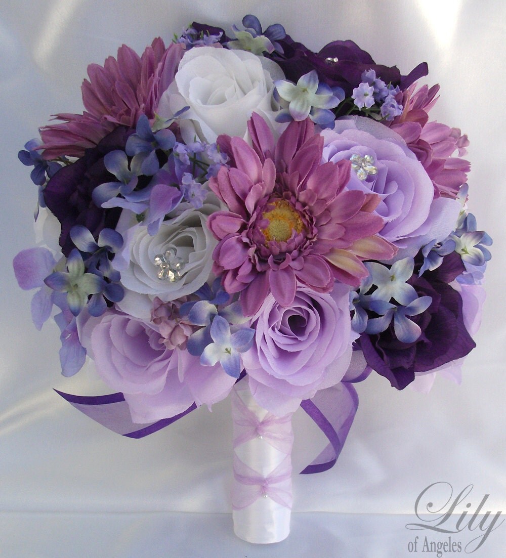 Wedding Bridal Bouquet Silk Flowers bouquets Decoration 17 pieces Package WHITE PURPLE LAVENDER "Lily Of Angeles"