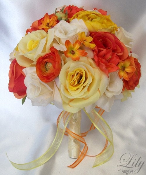 17 Pieces Package Silk Flower Wedding Decoration Bridal Bouquet ORANGE YELLOW "Lily Of Angeles"